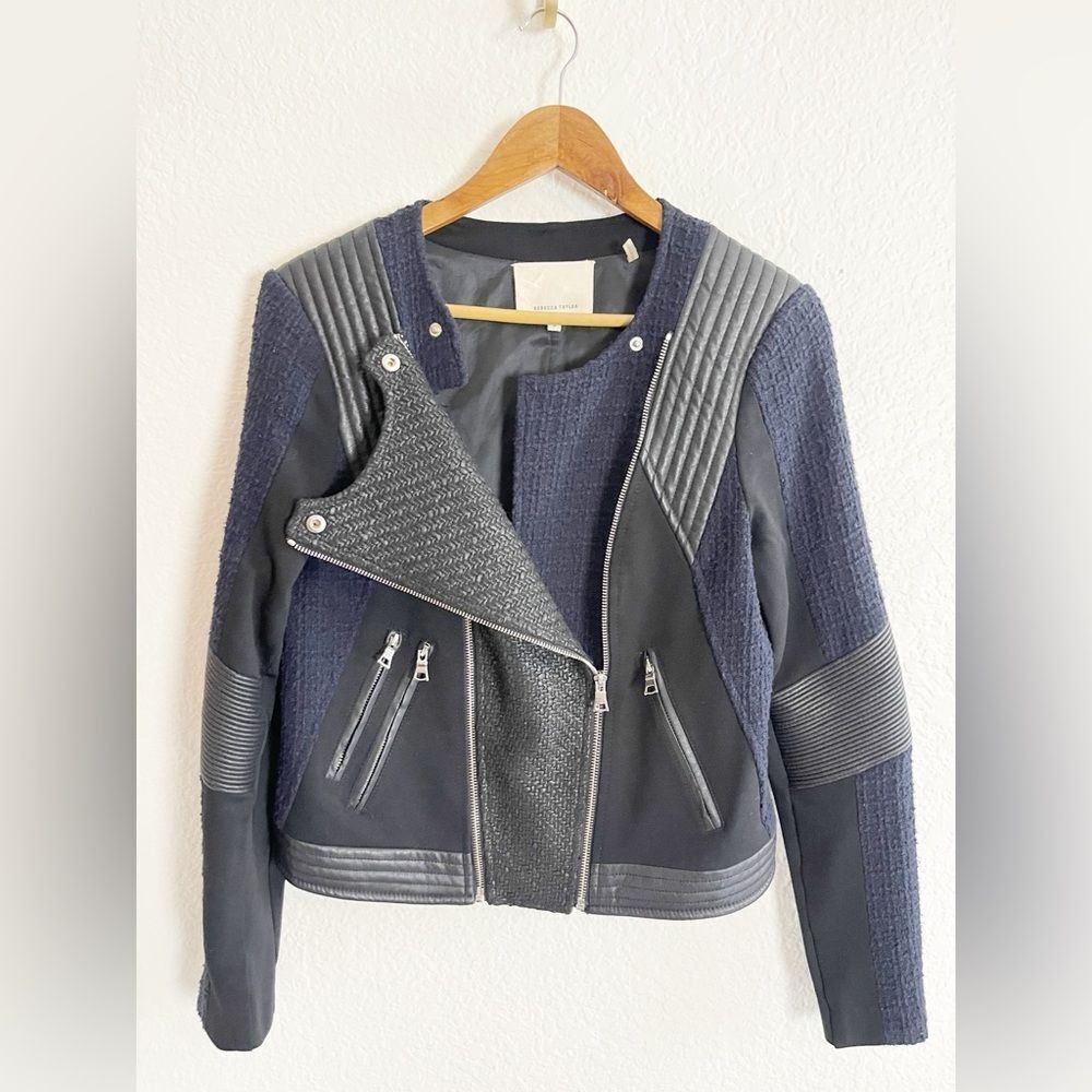 Rebecca Taylor black and blue tweed and faux leather moto biker jacket 6 - Picture 5 of 12